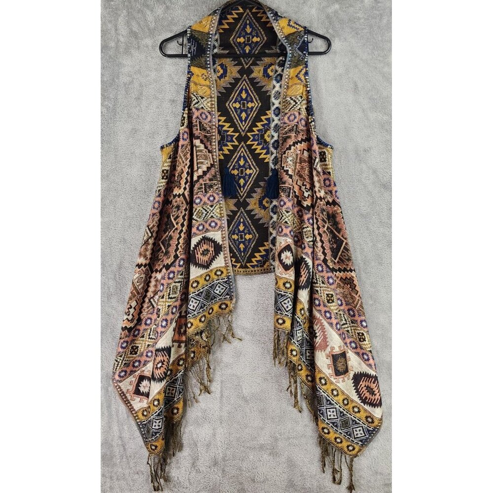Womens Sweater Medium Multicolor Tribal Embroidered Boho Waterfall Open Cardigan